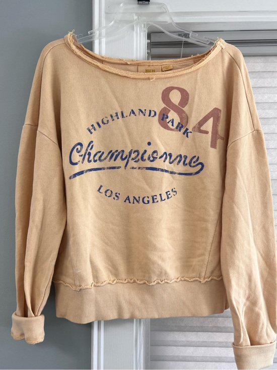 Maeve Tops - Maeve Light Yellow Pullover with Blue Script and Pink '84 Accent